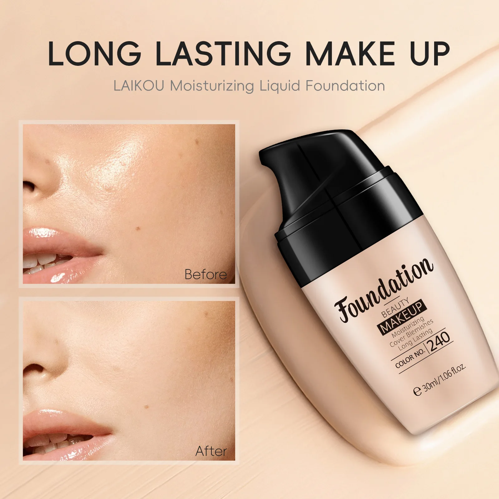 LAIKOU Liquid Foundation Multiple Shades Hydrating Natural Finish Creamy Full Coverage Makeup Base Long Lasting Wear 30ml - Image 4