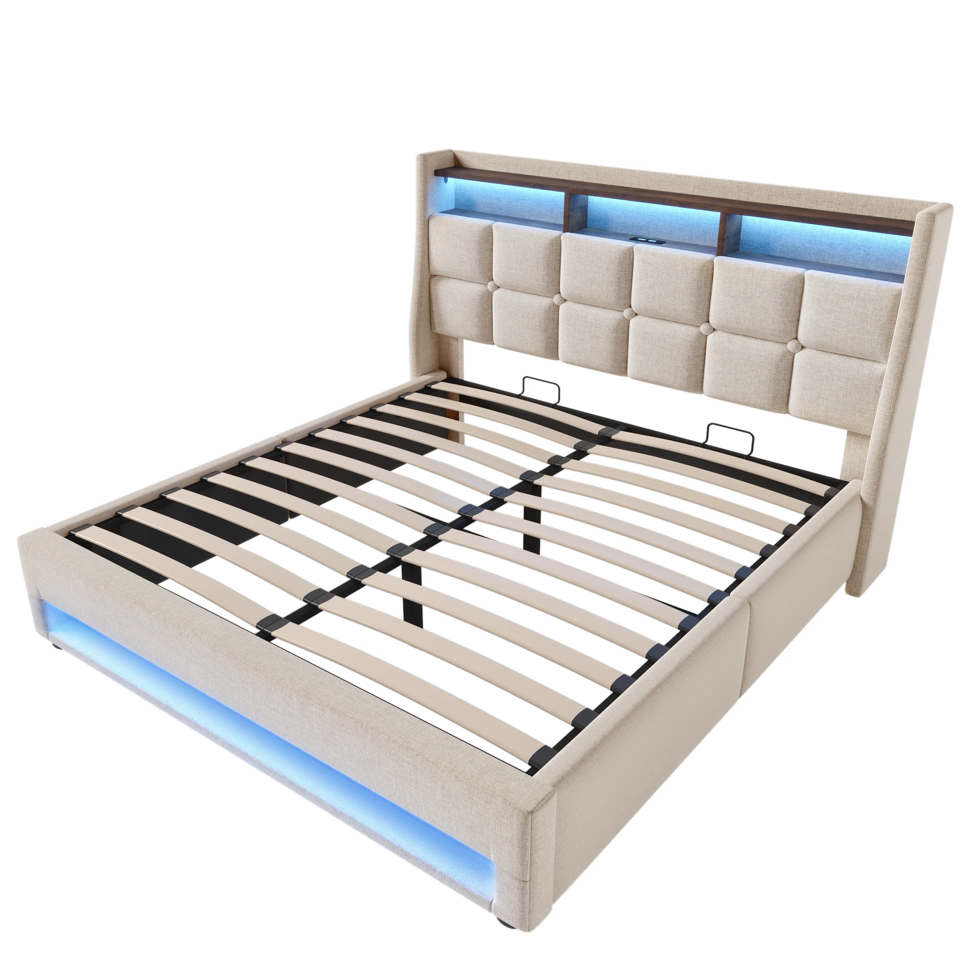 PINGGO Upholstered Double Bed with LED Lighting, Storage Headboard, 6FT Super King Size Storage Bed Frame (No Mattress) - Image 3