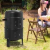 3 in 1 Vertical Charcoal Smoker BBQ Smoker Grill with Detachable 2 Layer for Outdoor