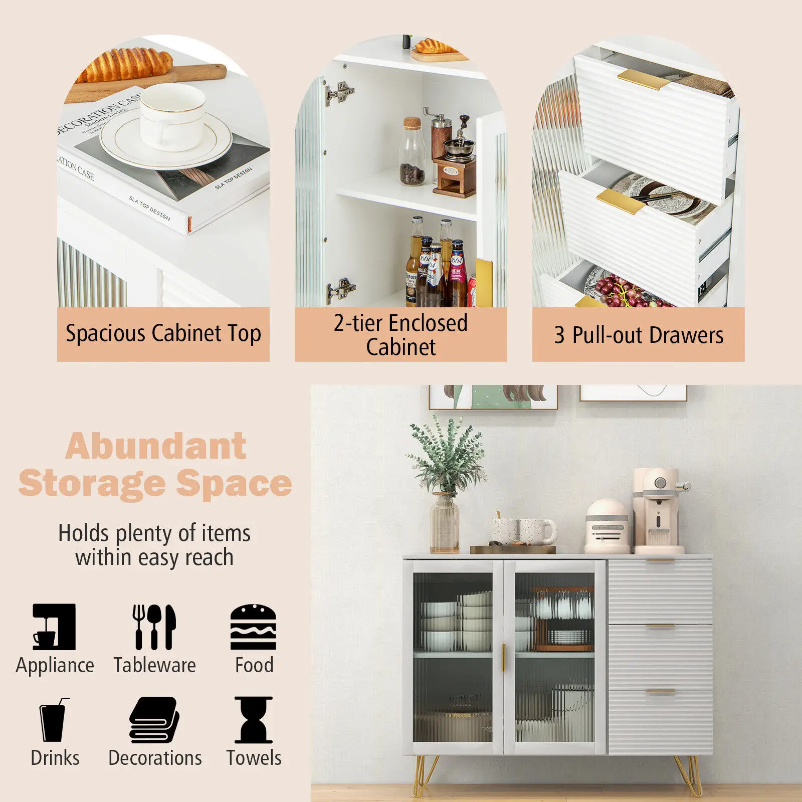 GOFLAME Buffet Cabinet Kitchen Modern Sideboard Storage Cabinet Coffee Bar with Drawers - Image 5