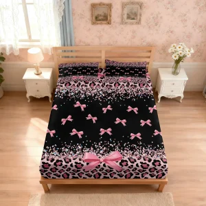 3pcs Leopard Print Bow Print Coreless Bed Sheet Set, Multi Size Comfortable Bed Cover, Bedroom Bedding Decoration