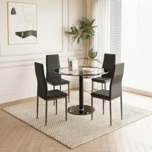 Black Dining Table and Chairs Set of 4, Round Tempered Glass Table with High Back PU Leather Chairs