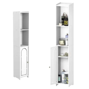 4 Tier Tall Bathroom Floor Cabinet, Waterproof FreeStanding White Slim Bathroom Storage Unit with Door and Shelves