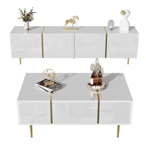 PINGGO Modern High Gloss White TV Cabinet And Coffee Table Set Modern Minimalist Style