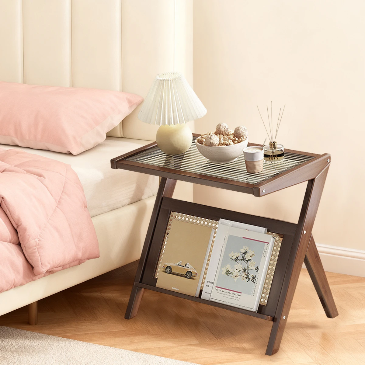 Compact Acrylic-Top Rattan Nightstand Bamboo Storage Shelves Boho Bedroom/Living Room Coffee Table Set - Image 5