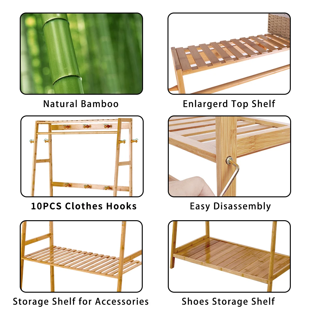 Bamboo Clothes Rail Stand Garment Rack Heavy Duty with 3 Tier Storage Shelves - Image 4