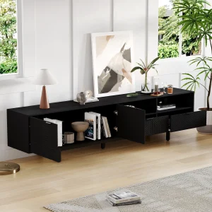 PINGGO Modern Bohemian TV Cabinet Black Geometric Line TV Cabinet Living Room Media Console Cabinet Black