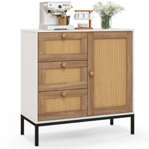 GOFLAME Rattan Buffet Cabinet Storage Sideboard Bar Accent Cabinet 1 Door and 3 Drawers