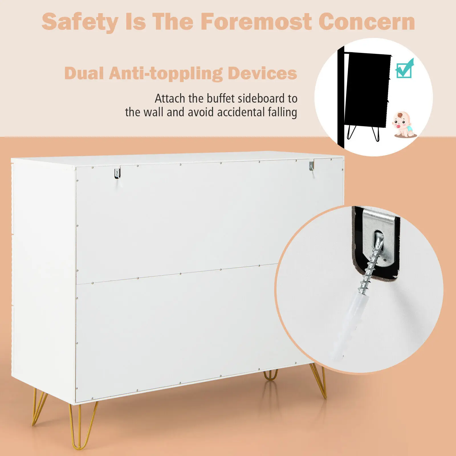 GOFLAME Buffet Cabinet Kitchen Modern Sideboard Storage Cabinet Coffee Bar with Drawers - Image 6