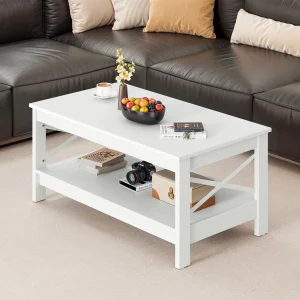 YITAHOME 100x55.3x45cm 2-Tier White Wooden Coffee Table - Small Storage Shelf with Super Stability for Living Room