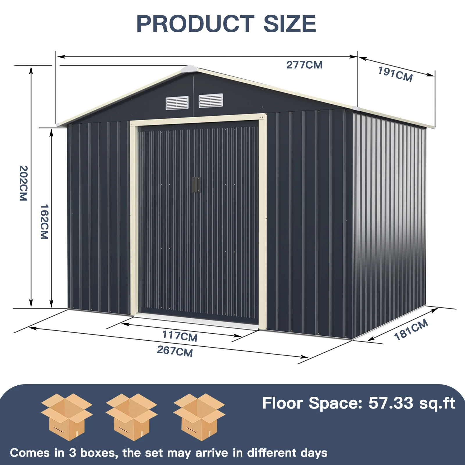 GOFLAME Outdoor Metal Storage Shed,277 x 191 x 202 cm, Steel Garden Tool Shed W/ 4 Vents & Double Sliding Door - Image 2