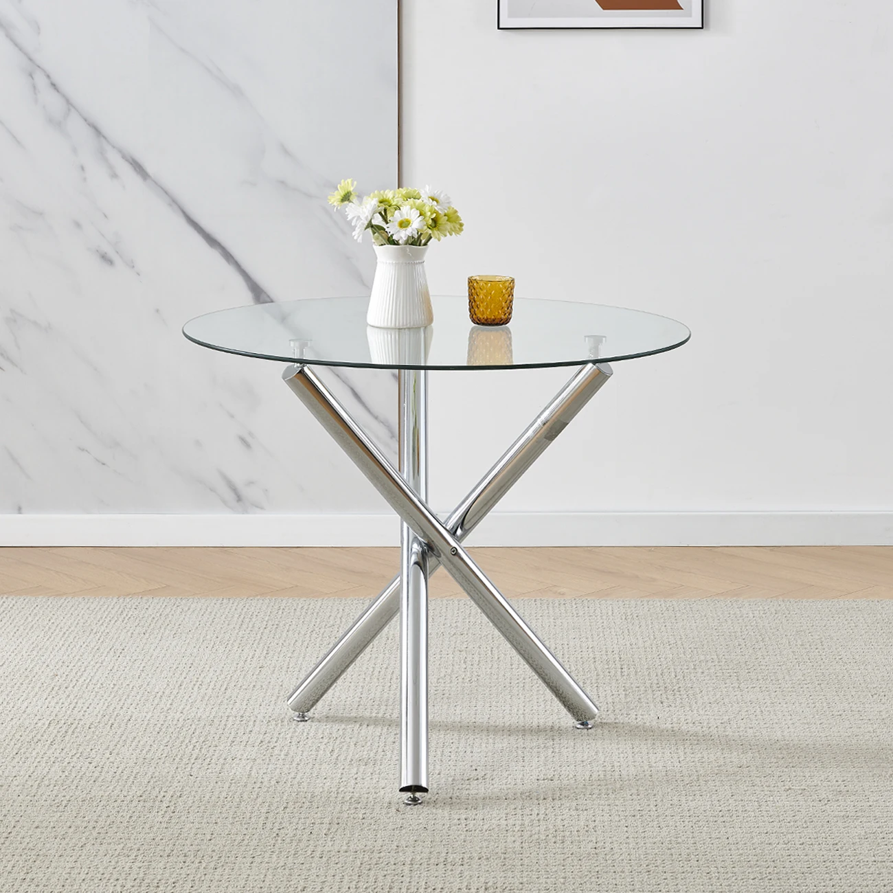 BonChoice Modern Round Glass Dining Table and Chairs Set 4, 5 Piece Round Dining Room Table Set, Glass Table with Chairs - Image 6