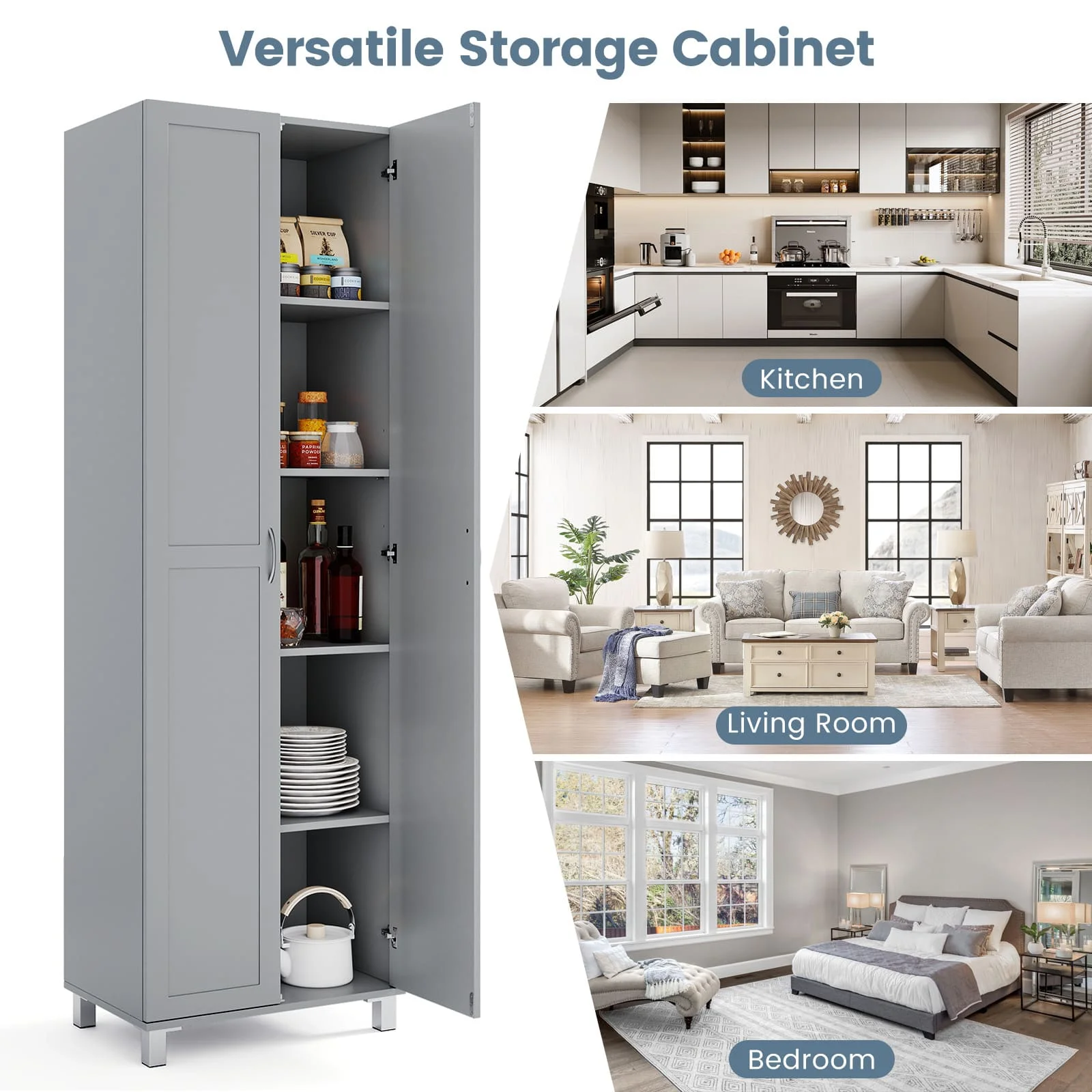 GOFLAME Double Door Tall Storage Cabinet Freestanding Pantry Cabinet-Grey - Image 4