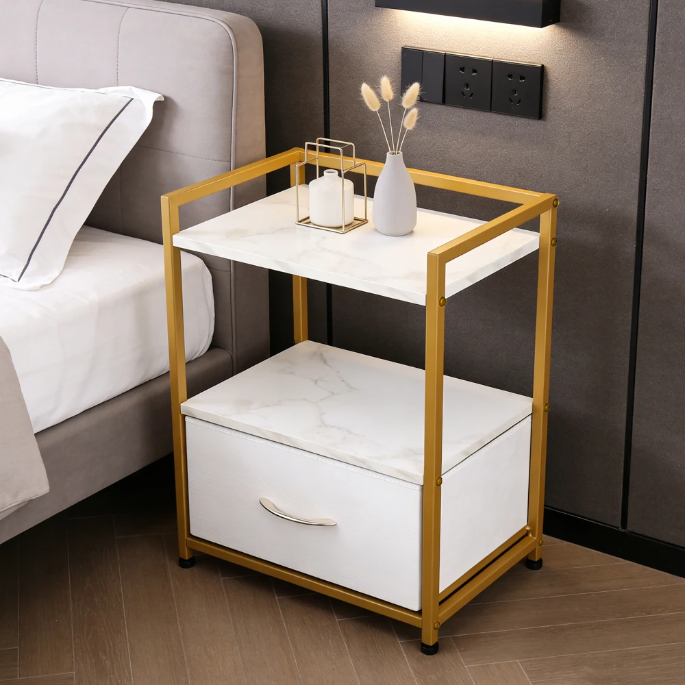 Luxury White Nightstand Gold Table Night Stand for Bedroom Elegant Furniture Side Table with Drawer - Image 3