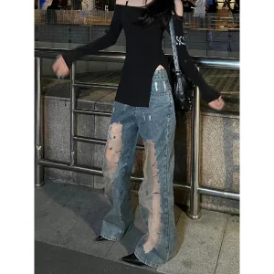 ZHIZOU Y2k Aesthetic Jeans Women Sexy Mesh Spliced Harajuku Streetwear Denim Trousers Hollow Out Kpop Style Vintage Baggy Jeans