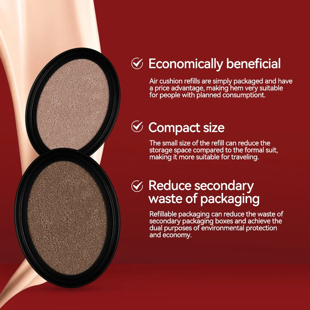 Cushion Refill Foundation Waterproof Semi-Matte Red Finish 72-Hour Wear Long-Lasting Buildable Coverage Sun Protection Makeup - Image 3