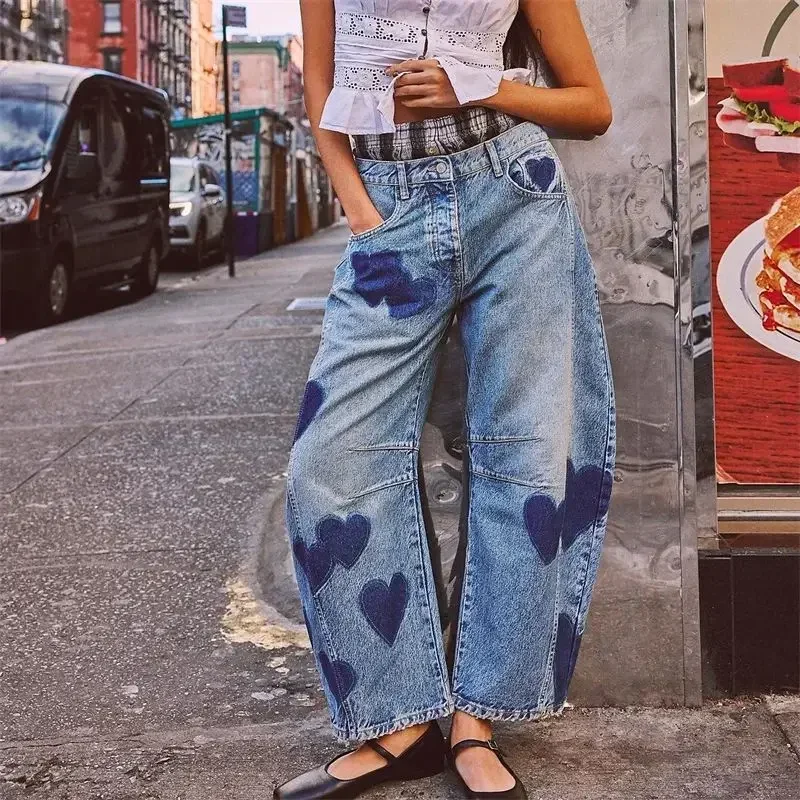 2024 Fashion Love Print Decoration Denim Pants Women Loose Straight Jeans Female Casual Midi Waist Trousers New Trend Streetwear - Image 5