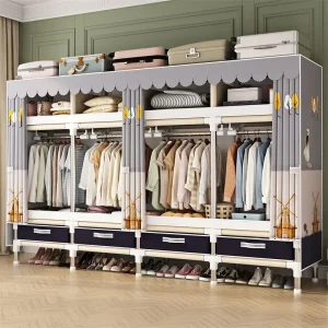 Freestanding Portable Wardrobe with Multicolor Fabric Cover Metal Frame 4 Storage Compartments Hanging Closet Organization