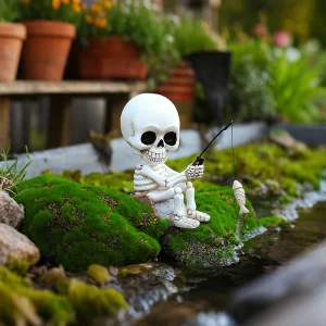 Fishing Skeleton Statue Halloween Decorations, Cute Sitting Skull Figurine Shelf Sitter Resin Sculpture For Outdoor Garden Yard