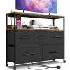 Chest of Drawers with Charging Station Bedroom Dresser with 5 Fabric Drawers TV Stand with Storage Shelf 4 Castors and Metal