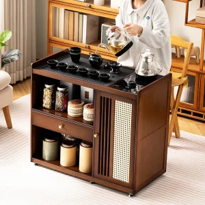 Mobile tea table Small tea table Kettle integrated tea cabinet Solid wood coffee table Tea cart Brewing tea table