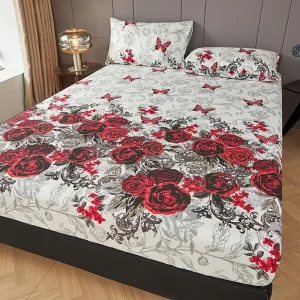 3PC White Red Black Rose Butterfly Fitted Sheet Set, Gothic Floral Pattern Bedding for Bedroom Decor