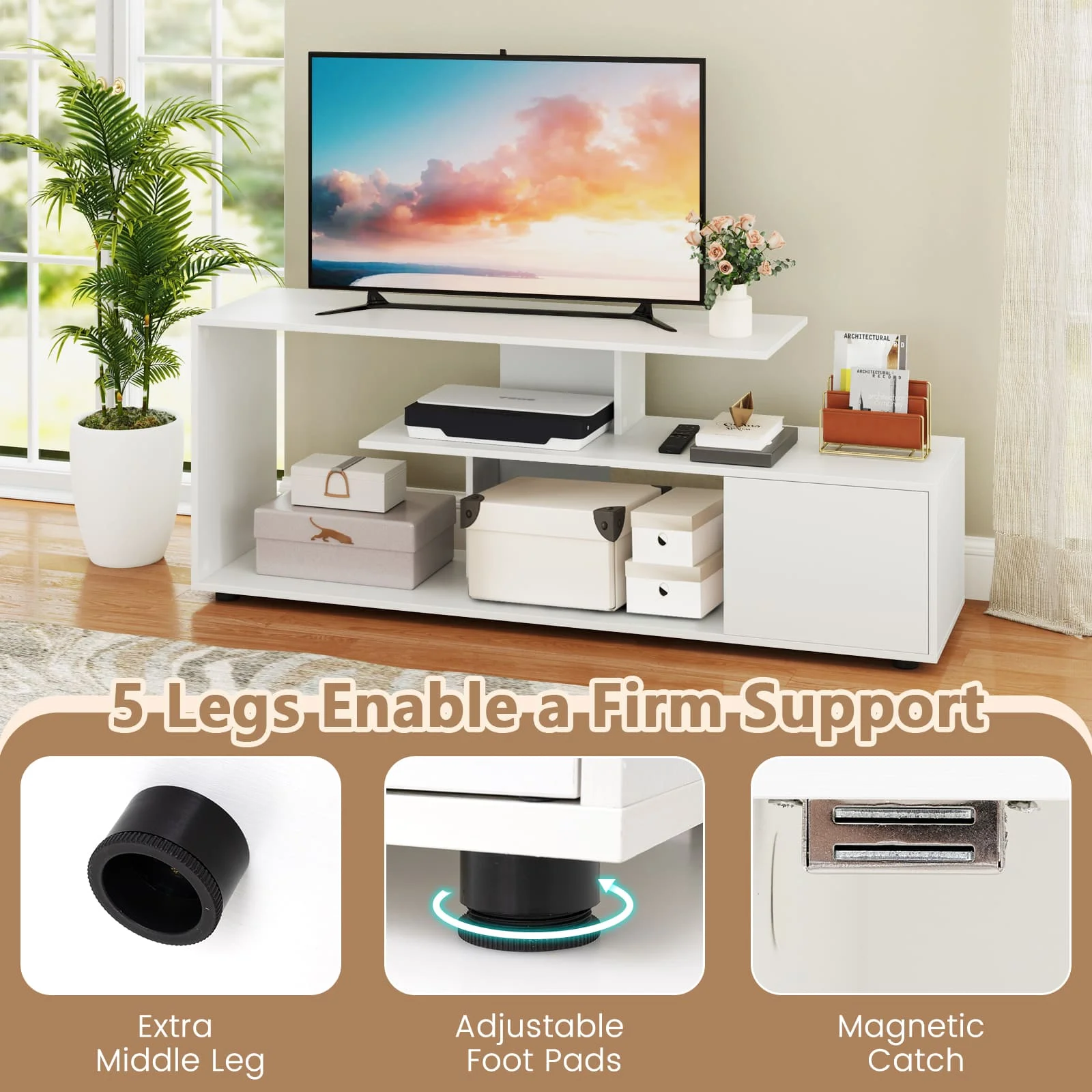GOFLAME TV Stand for TVs up to 55” 3-Tier Media Console Table w/Storage-White - Image 5