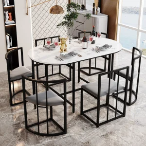 PINGGO Modern Dining Table Combination, Six-Chair Dining Table Set ,Dining Room Table and Chair Set, White Table Gray Chairs