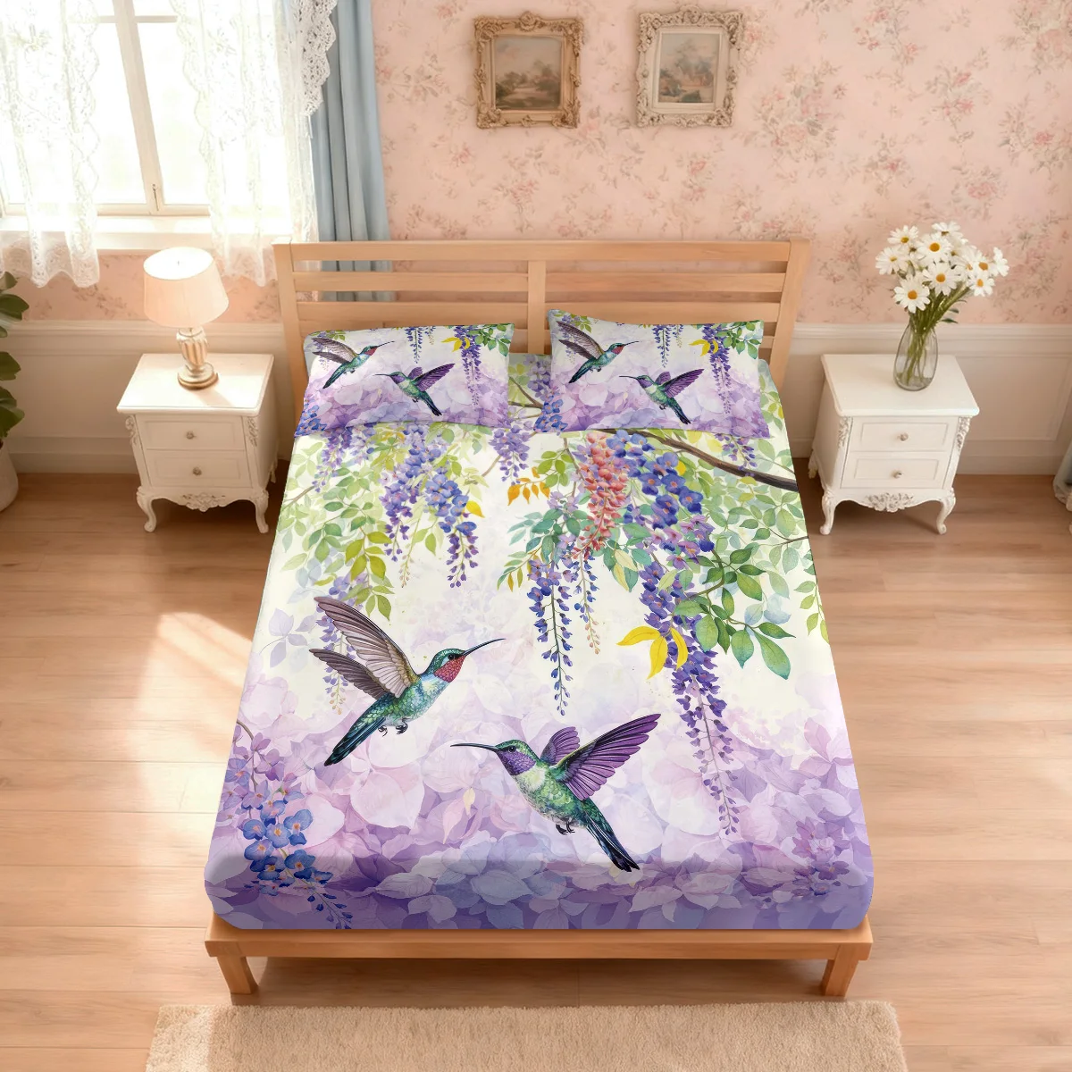 3pcs Hummingbird Floral Print Coreless Bed Sheet Set, Multi Size Comfortable Bed Cover, Bedroom Bedding Decoration - Image 4