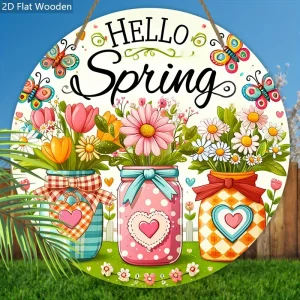 2D Flat, 2D Flat Hello Spring Wooden Sign - Rustic Decorative Plaque with Vase Butterfly Design - Ideal Hanging Ornament for Hom