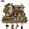 2D Flat, 1pc, Rustic Cottage Key Hook, Wooden Multi-functional Home Key Rack, with four metal hooks, wall decor, porch decor,