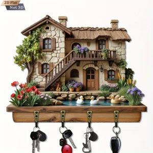 2D Flat, 1pc, Rustic Cottage Key Hook, Wooden Multi-functional Home Key Rack, with four metal hooks, wall decor, porch decor,