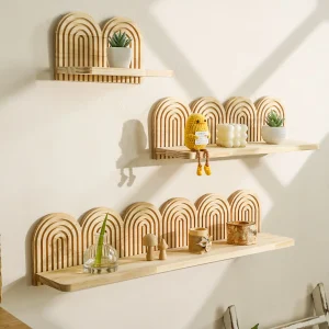 Boho Wooden Arched Wall Shelves Rustic Natural Wood Rainbow Design Floating Shelves Decorative Storage Racks for Home Wall Decor