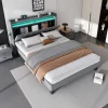 Upholstered Bed,4ft6 double bed 135x190cm,Lower flap door storage, With LED light strip,3 USB port+1 Type C,Durable and Sturdy