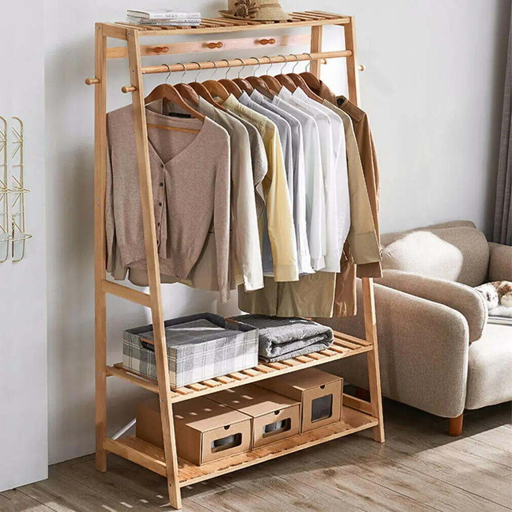 Bamboo Clothes Rail Stand Garment Rack Heavy Duty with 3 Tier Storage Shelves - Image 5