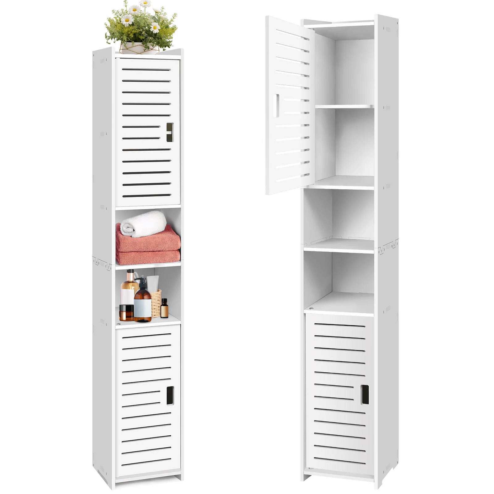 BRIEFNESS Waterproof Bathroom Tall Cabinet Free Standing White Floor Storage Unit Cupboard with 2 Doors & 5 Tiers