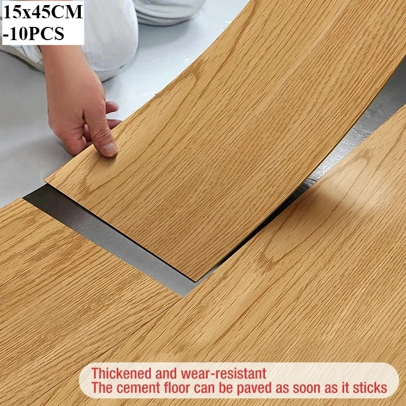 10Pcs 40x15cm PVC Floor Stickers Self-adhesive Waterproof Thickened Wood Grain Floor Foam Living Room
