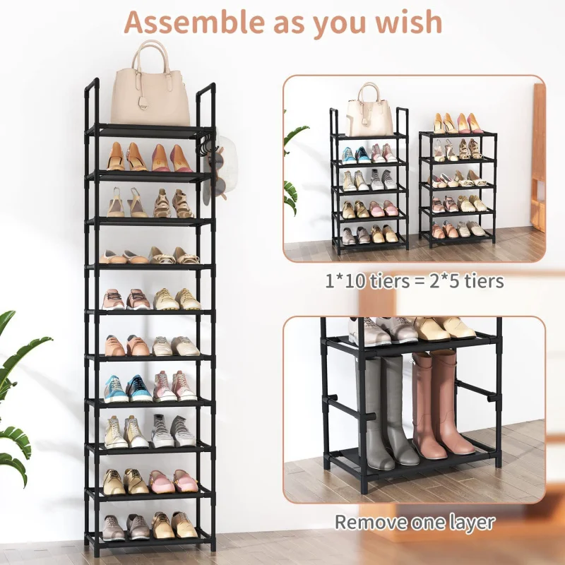 10 Tiers Tall Shoe Rack 20 Pairs Boots Organizer Storage Sturdy Narrow Shoe Shelf for Entryway Closets with Hooks Black - Image 4