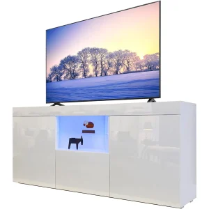Dripex 135cm LED TV Cabinet, Modern Tall TV Stand with Ambient Lights, Storage Unit for 22”-55” TV, High Gloss White