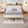 PINGGO 4ft6 Double Bed Frame with 2 Storage Drawers, RGB LED Storage Headboard Velvet Bed Frame (No Mattress)