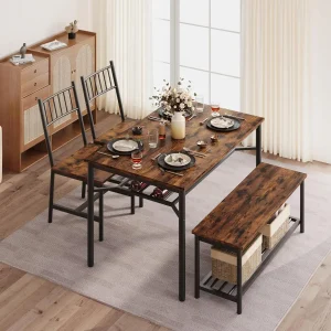 Dining Table Set for 4, Kitchen Table and Chairs for 4 with Wine Rack, Dining Room Table Set with Bench, Rectangular