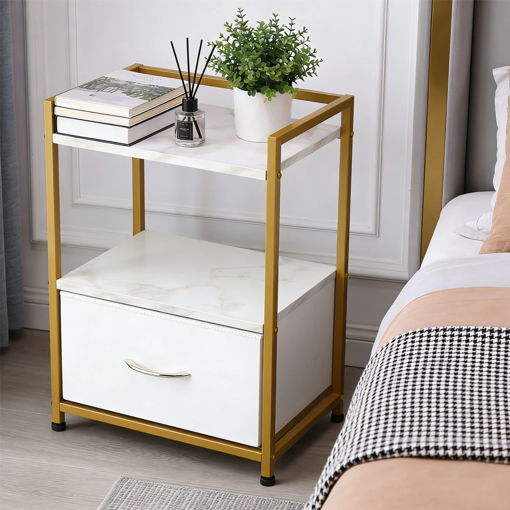Luxury White Nightstand Gold Table Night Stand for Bedroom Elegant Furniture Side Table with Drawer - Image 5