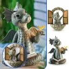 Cute Little Dragon Dinosaur Meditation Reading Book Sculpture Figure Garden Home Decoration Resin Ornament Outdoor Decor
