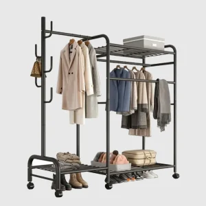 Double-Rod Clothes Rail Rack With Hooks Hanging Clothe Organizer Open Wardrobe Shelf For Bedroom Clothing Hanger With Wheels