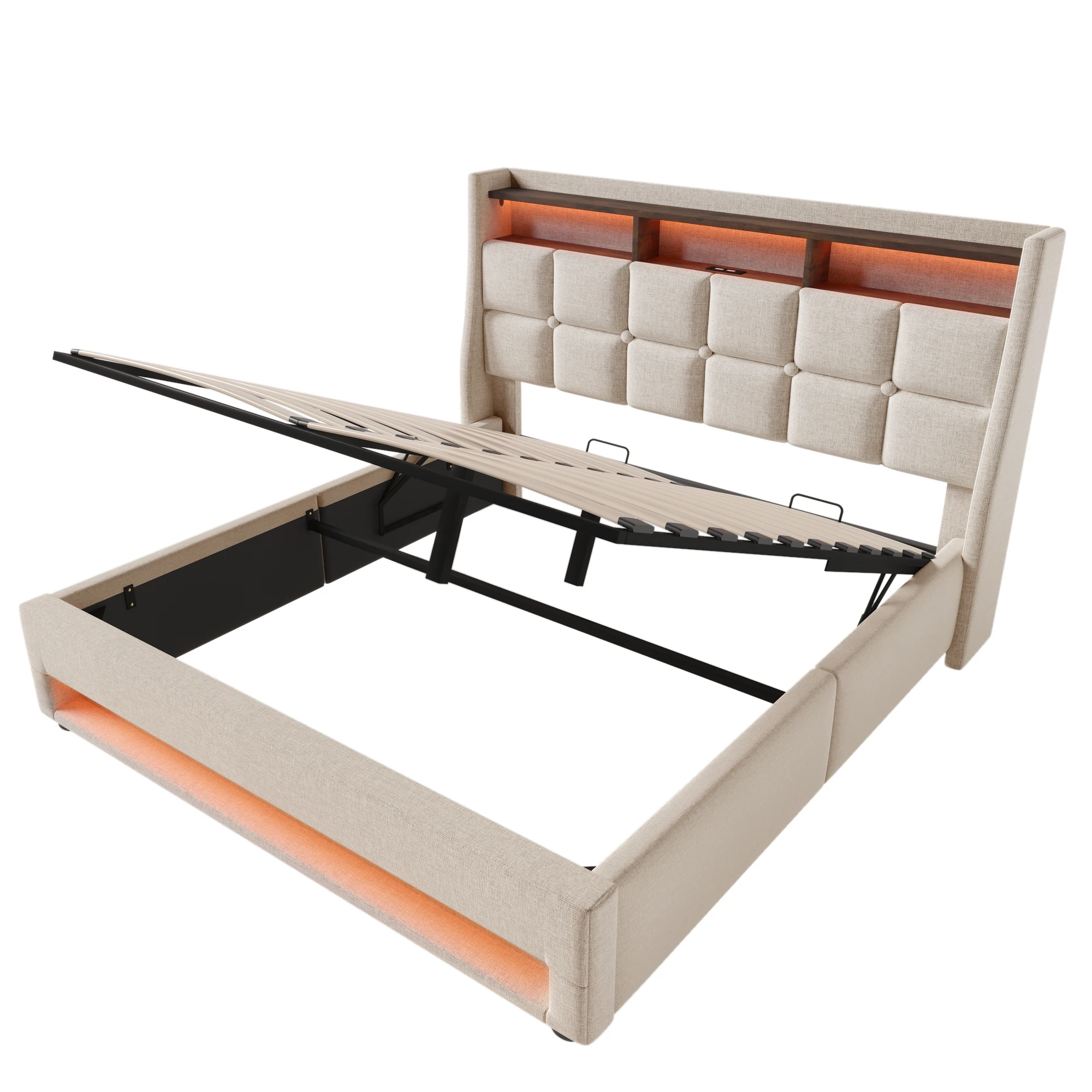 PINGGO Upholstered Double Bed with LED Lighting, Storage Headboard, 6FT Super King Size Storage Bed Frame (No Mattress) - Image 4