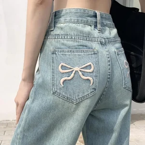 Girls Baggy Straight Leg Y2k Jeans Female Bow Embroidered Back Pocket Denim Pants Classic High Waist Casual Wide Leg Trousers