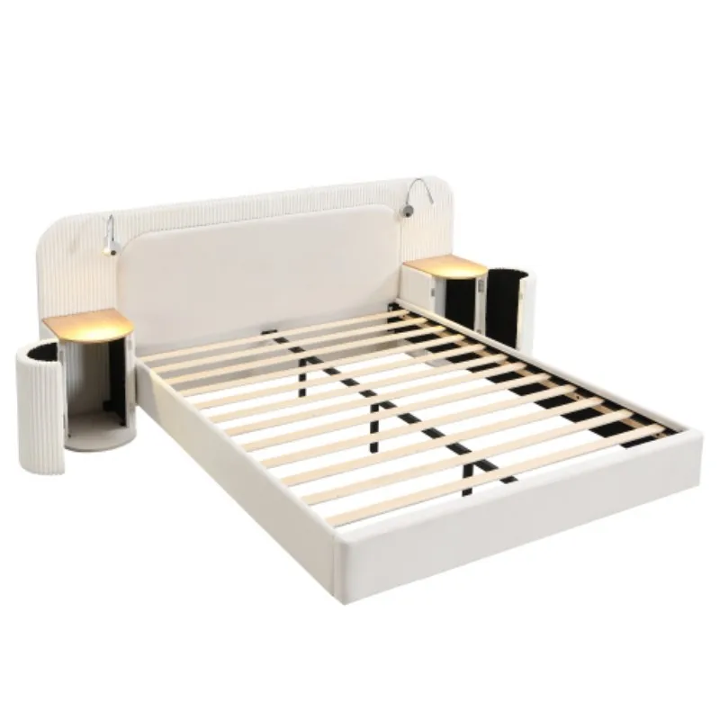 Upholstered bed, 4ft6 double bed 135×190cm, Bedside reading light, Includes bedside table, Velvet + Plywood, Beige - Image 4