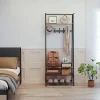 Coat and Shoe Rack, Coat Stand with Shoe Storage Bench, Wood and Metal Frame, with 5 Hooks, a Clothes Rail, for Hallway, Entranc