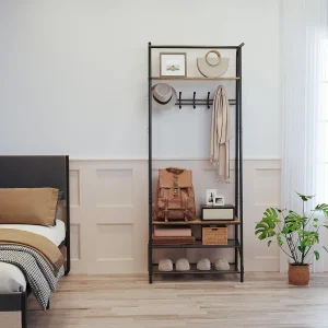 Coat and Shoe Rack, Coat Stand with Shoe Storage Bench, Wood and Metal Frame, with 5 Hooks, a Clothes Rail, for Hallway, Entranc