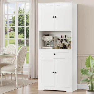 Getone Kitchen Cabinets 180cm Kitchen Cupboard with Large Countertop 4 Doors, Pantry Cupboard Cabinet Sideboard Adjustable Shelves, 1 Drawers 75x40x180cm White/ Black
